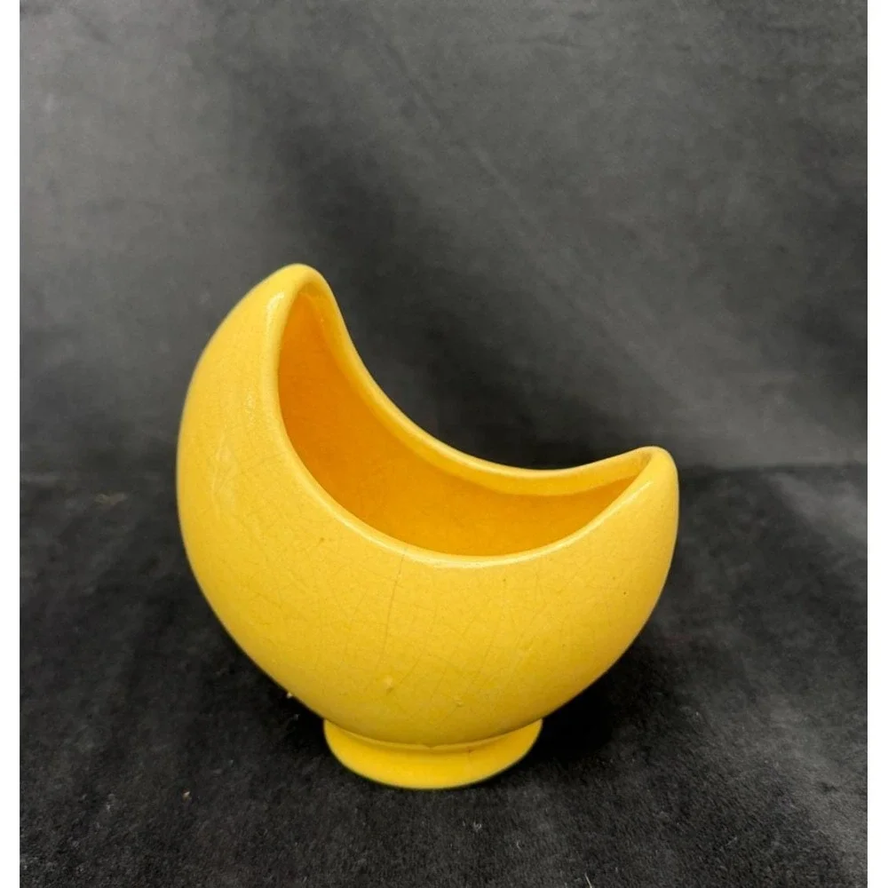 Vintage Crescent Moon Mini Planter Yellow Crackled Paint Celestial Boho Cottage